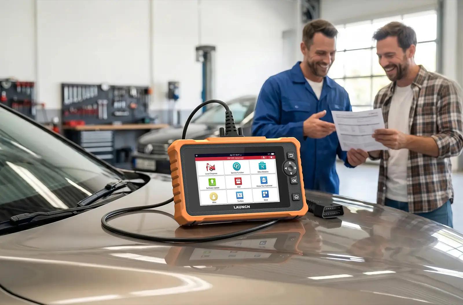 A LAUNCH CRP 919 Advanced diagnostic tool resting on the hood of a car inside a repair shop. In the background, a mechanic in blue overalls and a customer are smiling while looking over a printed diagnostic report together.