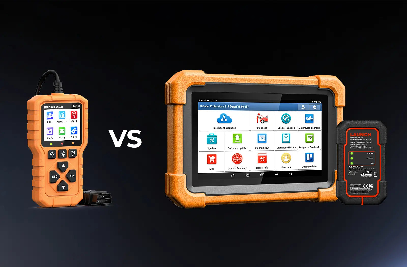 Two automotive diagnostic tools for comparison against a dark background, featuring a smaller handheld scanner on the left and a larger LAUNCH Creader Professional 919 Expert tablet with its black wireless VCI connector on the right.