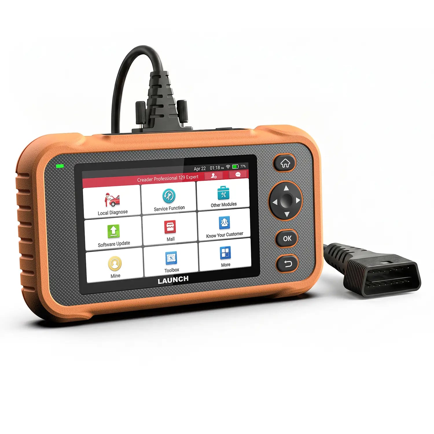 a LAUNCH Creader Professional 129 Expert diagnostic tablet with a rugged orange and black casing and a color touchscreen. It includes a thick black cable connected to a standard 16-pin OBD II connector for vehicle communication. Main image
