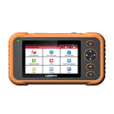 a LAUNCH Creader Professional 129 Expert diagnostic scanner with a rugged orange and black protective casing. The device features a color touchscreen displaying its main menu alongside physical navigation buttons, including a directional pad and an OK button.