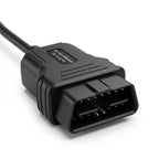 This image shows a close-up of a standard 16-pin OBD II connector with a label indicating it is for "DC 9-16V passenger cars only." The connector is attached to a durable black cable designed to plug directly into a vehicle's diagnostic port.