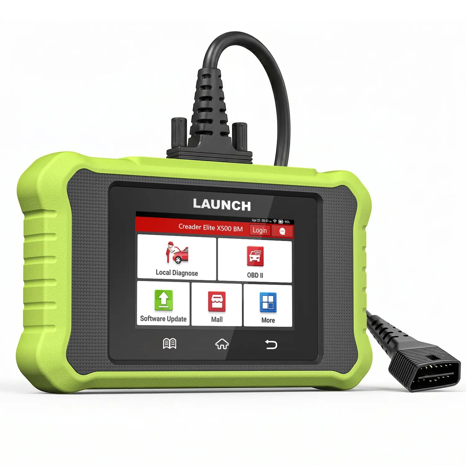 a LAUNCH Creader Elite X500 BM diagnostic tablet with a lime green rugged protective casing and a color touchscreen. It includes a thick black cable connected to a standard 16-pin OBD II connector for vehicle interface. Main image