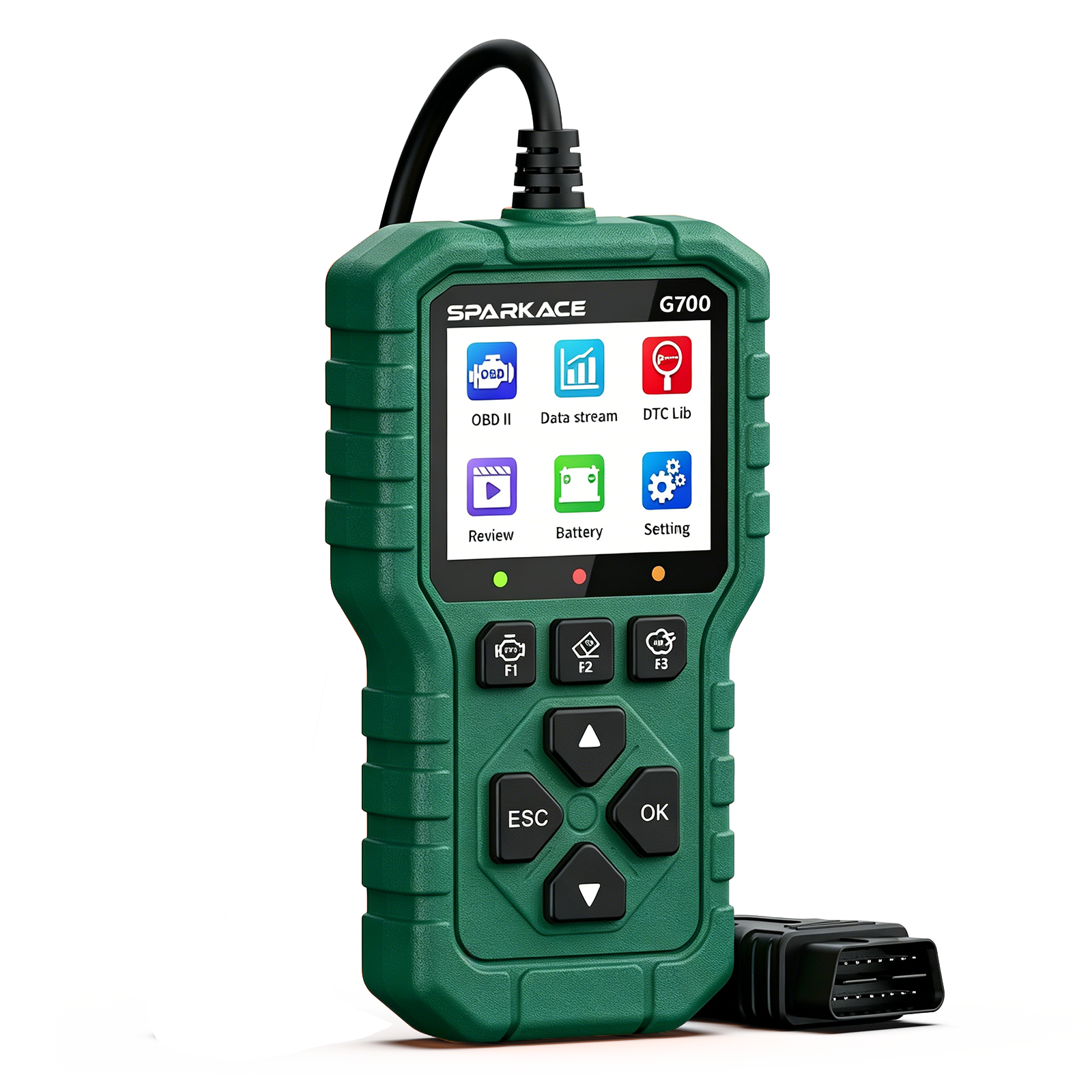 A Sparkace G700 handheld automotive diagnostic scanner designed with a rugged green casing and a color display for reading vehicle fault codes and real-time data. Main image